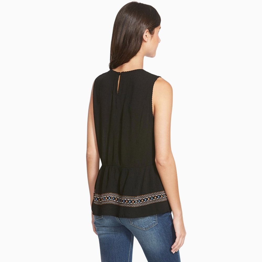 Chloe & Katie Chloe K Black Mosaic Embroidered Gauzy Textured Peplum Tank Top - Picture 2 of 16